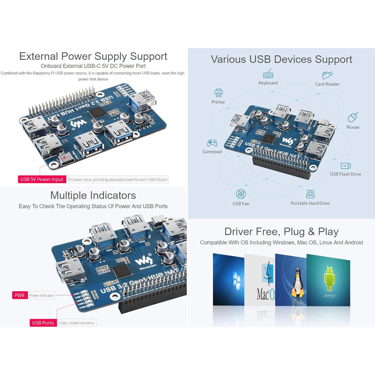 HUB HAT USB 3.2 Gen1 Waveshare para Raspberry Pi 5/4B/3B/Zero