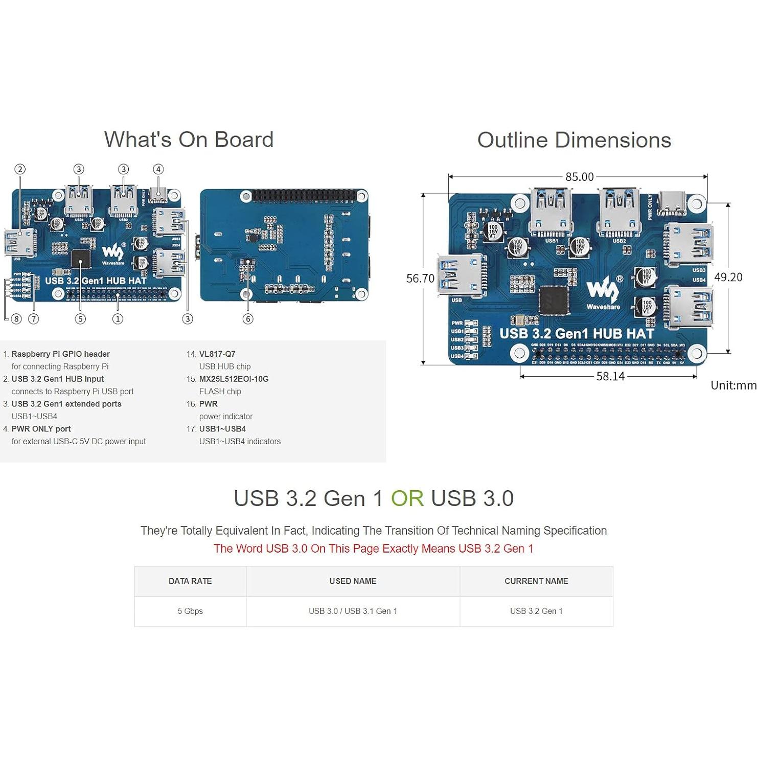HUB HAT USB 3.2 Gen1 Waveshare para Raspberry Pi 5/4B/3B/Zero