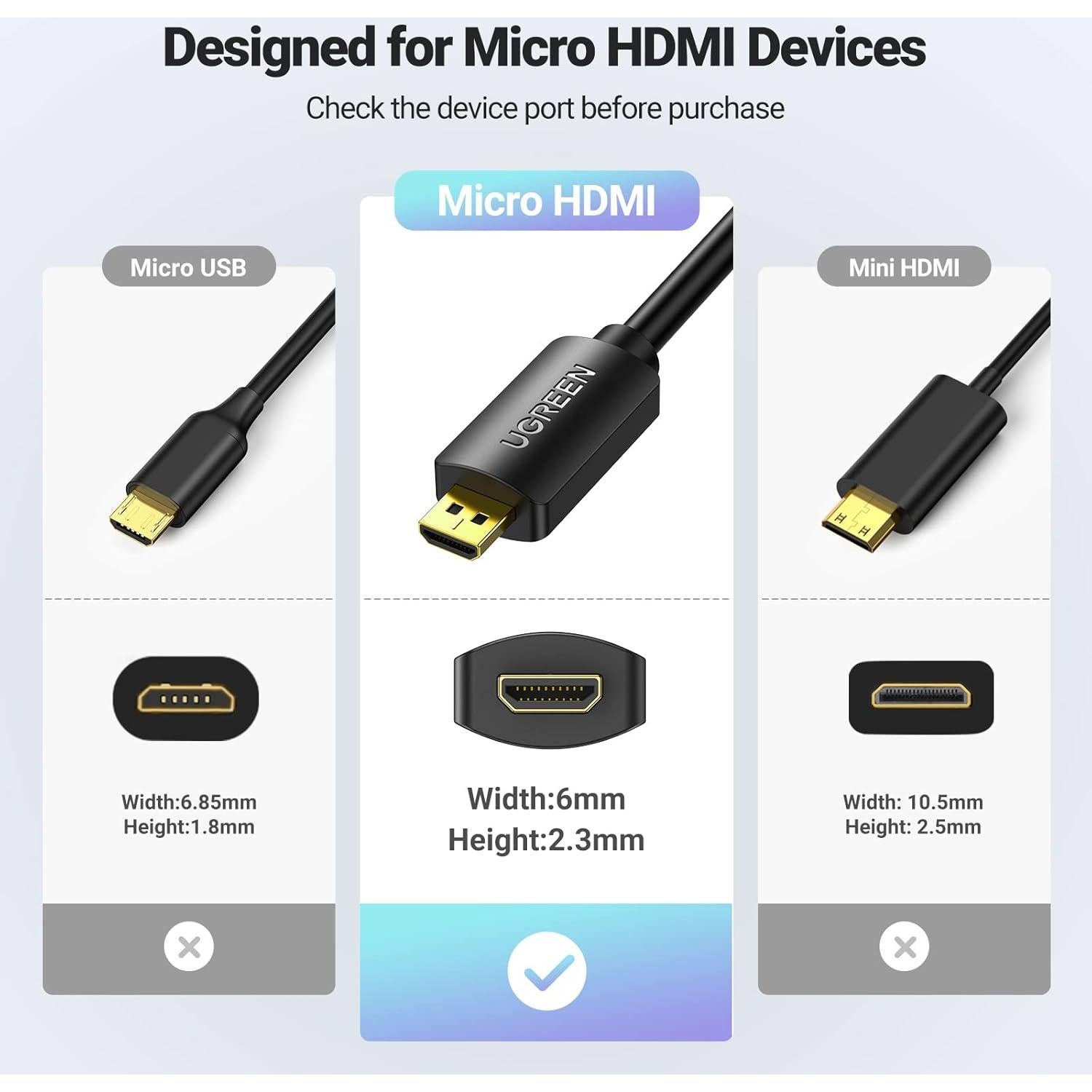 Adaptador Micro HDMI a HDMI UGREEN 4K 60Hz 20cm Alta Velocidad