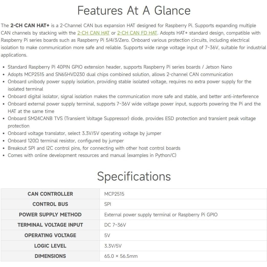 HAT de Expansión CAN Aislado Waveshare 2 Canales para Raspberry Pi