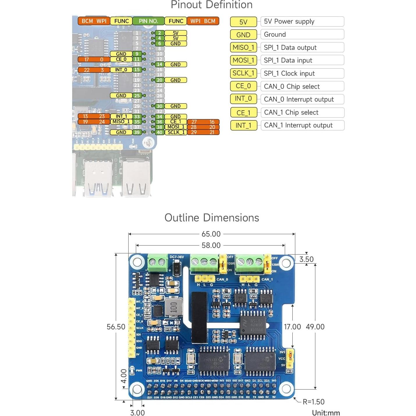 HAT de Expansión CAN Aislado Waveshare 2 Canales para Raspberry Pi