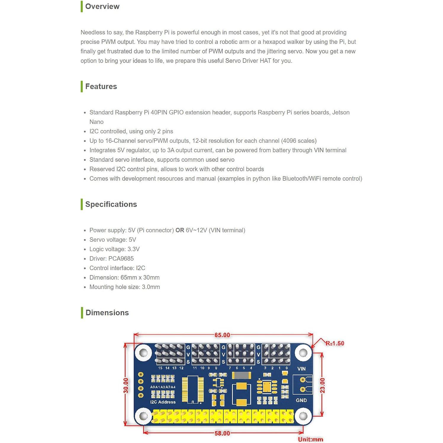 Controlador de Servo HAT Waveshare para Raspberry Pi 16 Canales