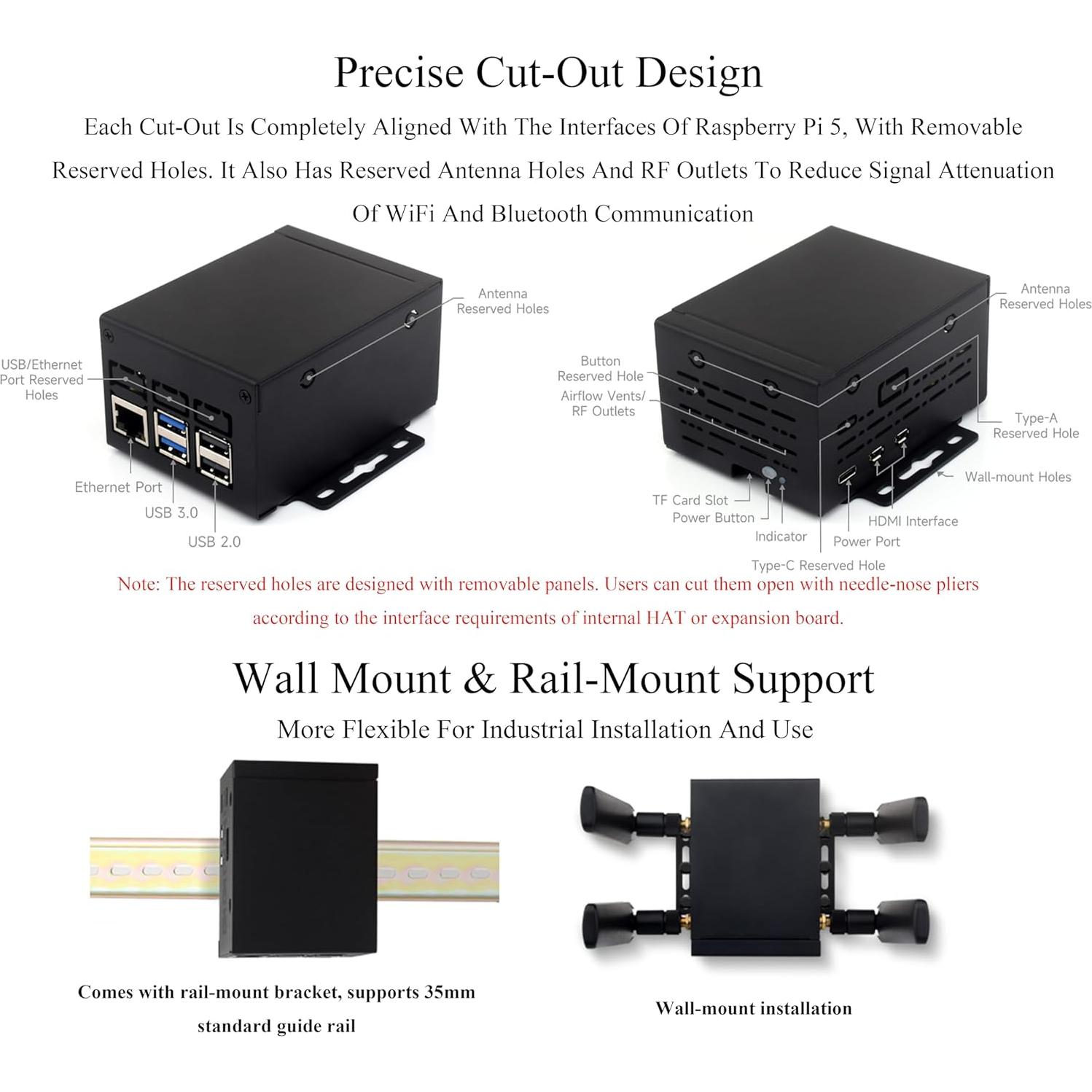 Caja de Metal Industrial Wonrabai para Raspberry Pi 5 - Soporte Montaje Pared y Riel