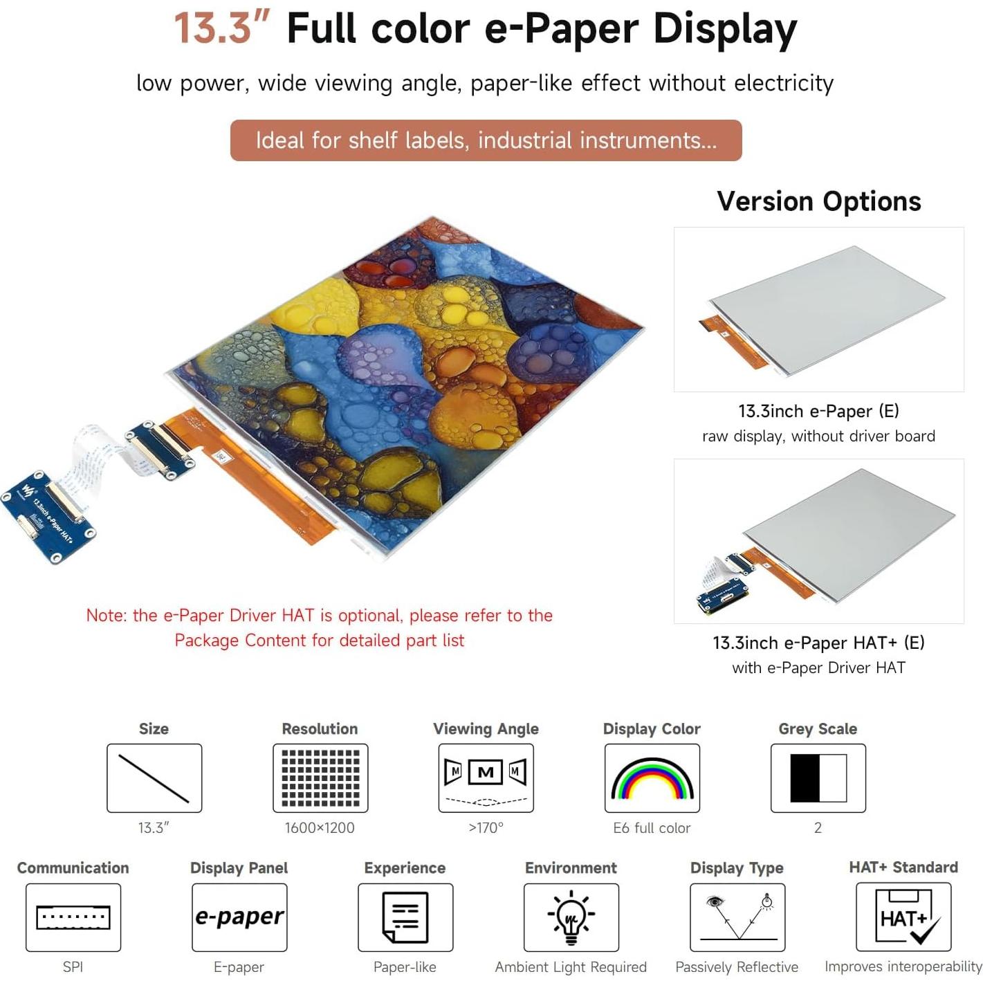 Pantalla E-Paper a Color 13.3" Waveshare E Ink Spectra 6