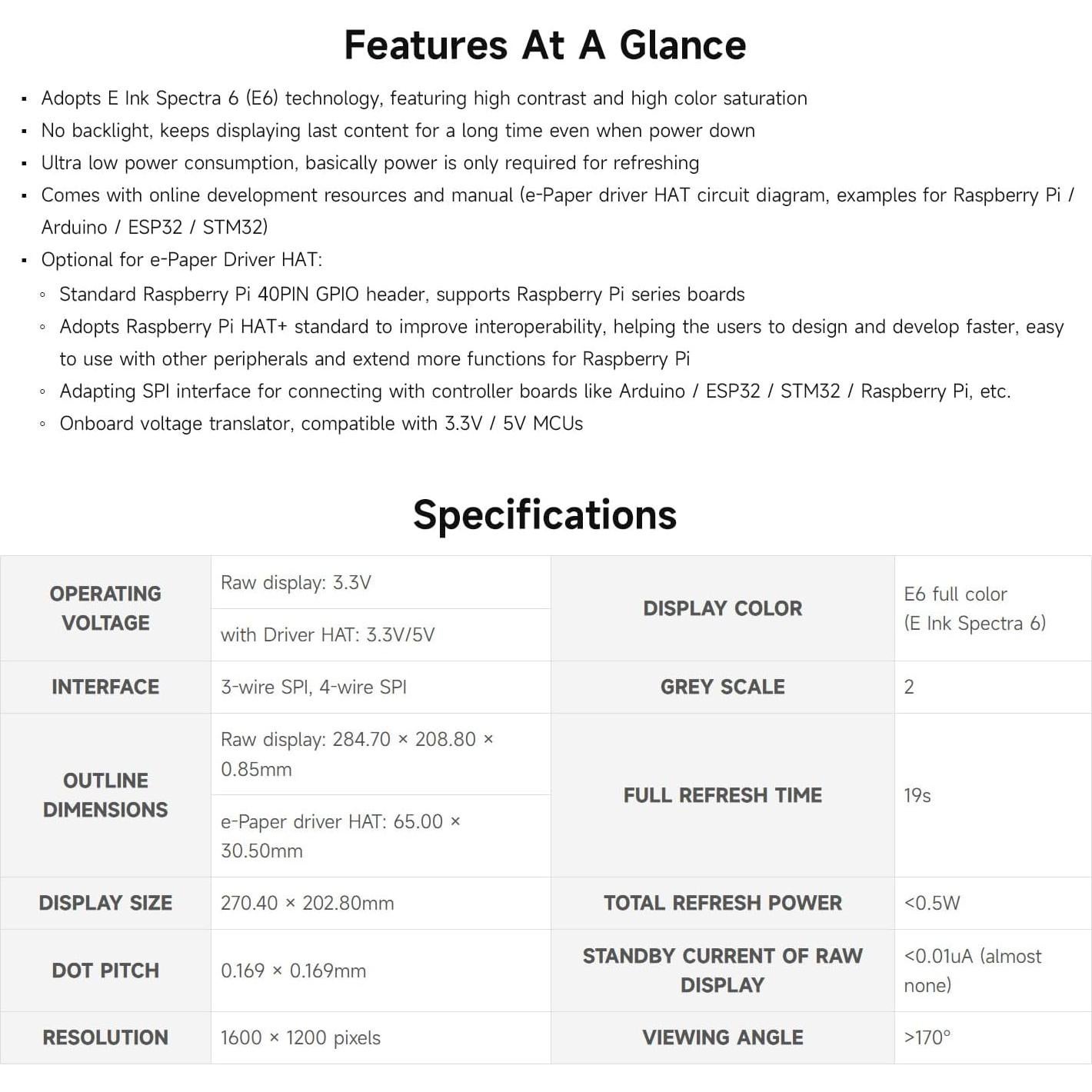 Pantalla E-Paper a Color 13.3" Waveshare E Ink Spectra 6