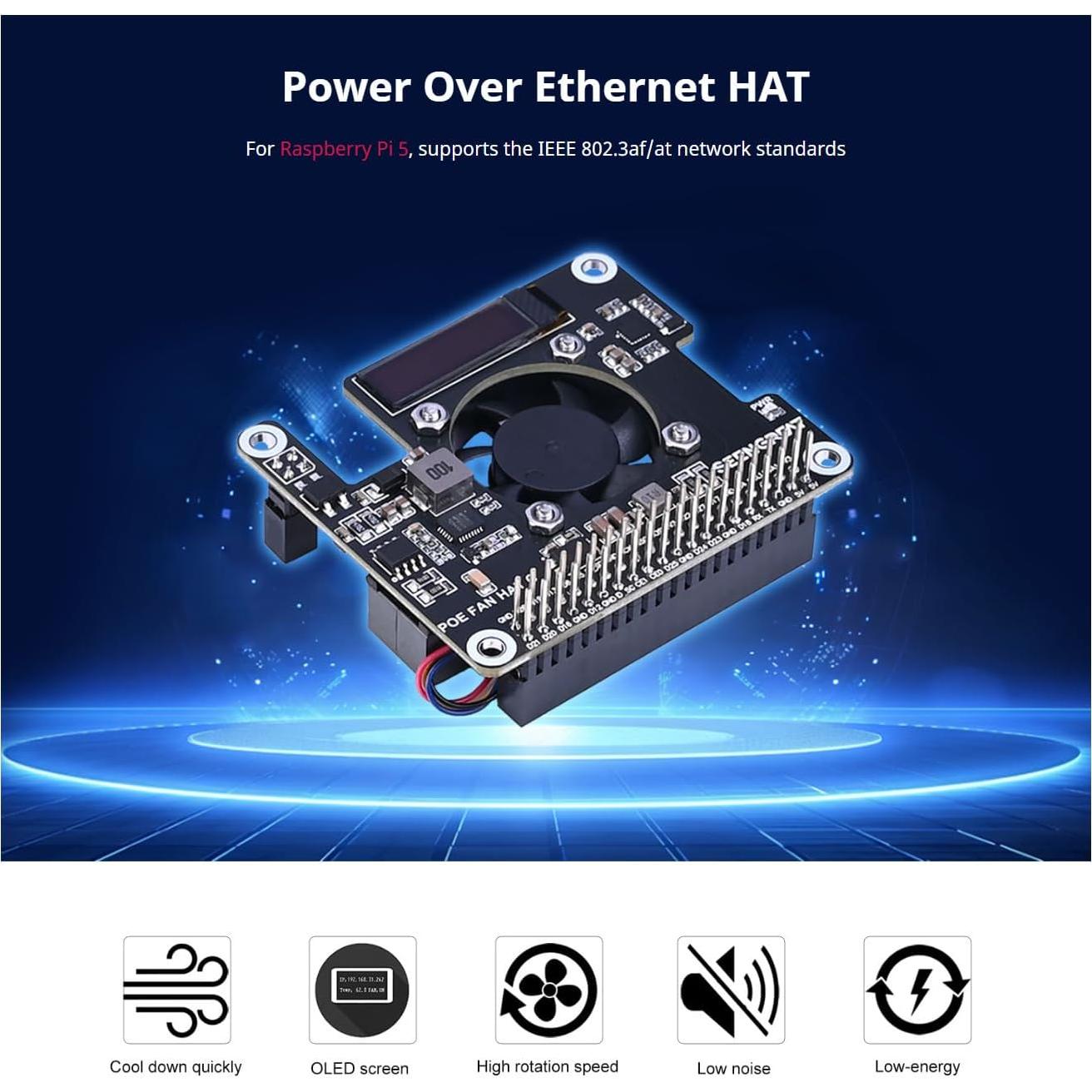 POE HAT Xicoolee para Raspberry Pi 5 con Ventilador y OLED
