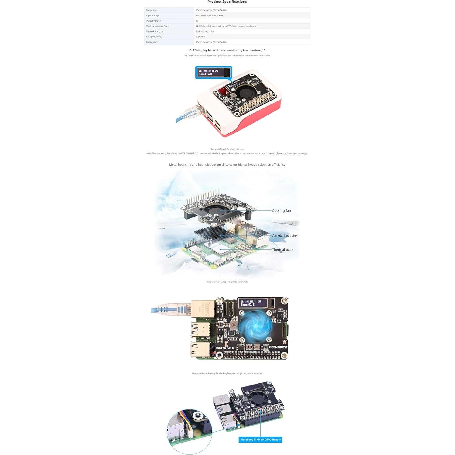 POE HAT Xicoolee para Raspberry Pi 5 con Ventilador y OLED