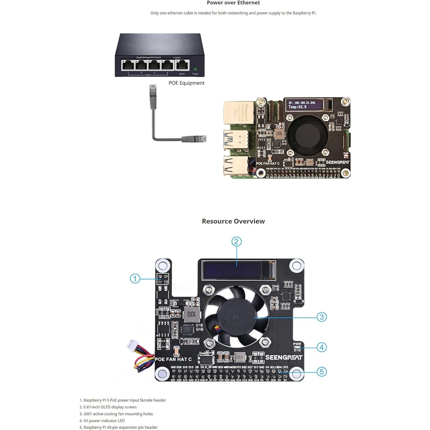 POE HAT Xicoolee para Raspberry Pi 5 con Ventilador y OLED