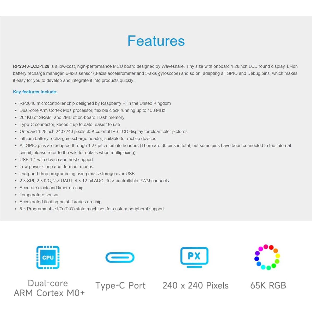 Placa MCU Waveshare RP2040 con LCD 1.28" 240x240 IPS