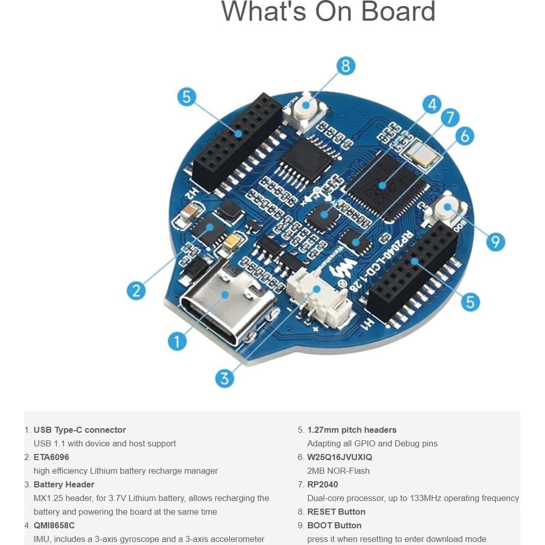 Placa MCU Waveshare RP2040 con LCD 1.28" 240x240 IPS