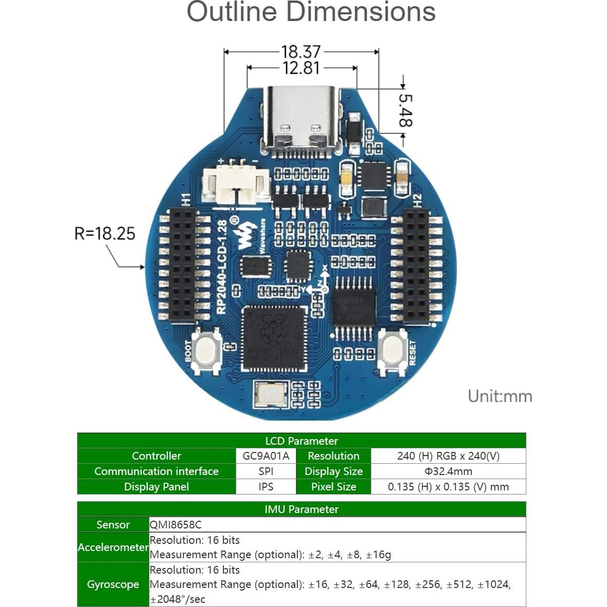 Placa MCU Waveshare RP2040 con LCD 1.28" 240x240 IPS