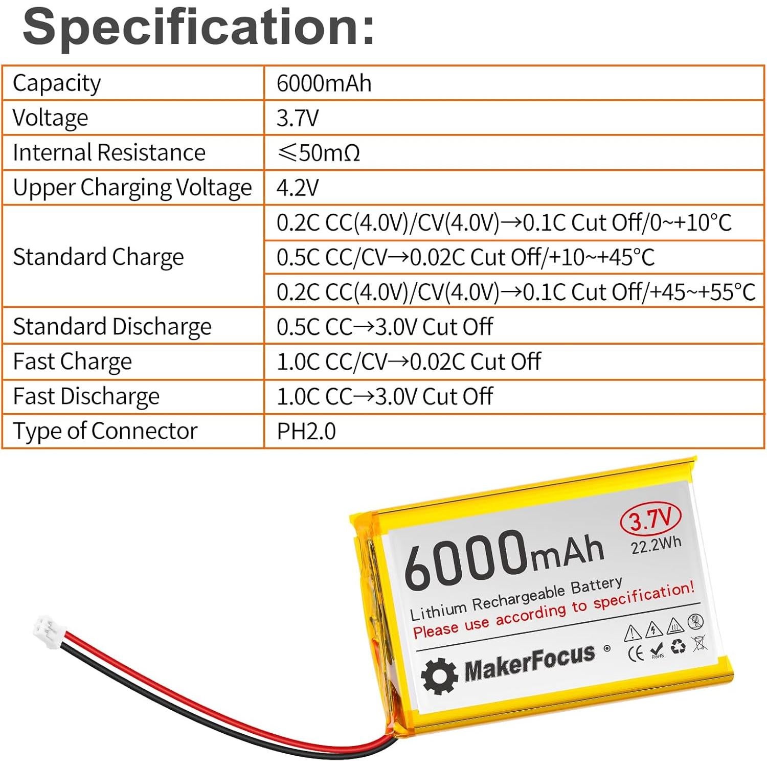 Batería de Polímero de Litio 6000mAh YELUFT 2pcs con Conector PH2.0