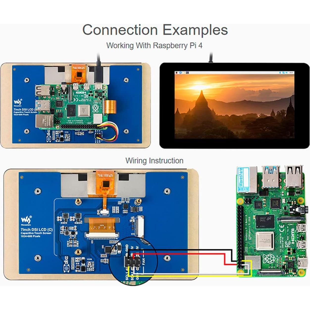 Pantalla Táctil LCD DSI 7" Waveshare 1024x600 para Raspberry Pi