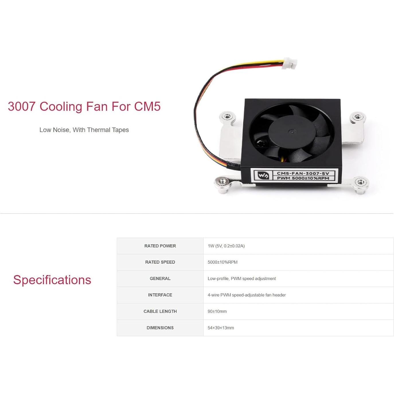 Ventilador de Enfriamiento Waveshare CM5 5000 RPM 5V 54x39x13mm