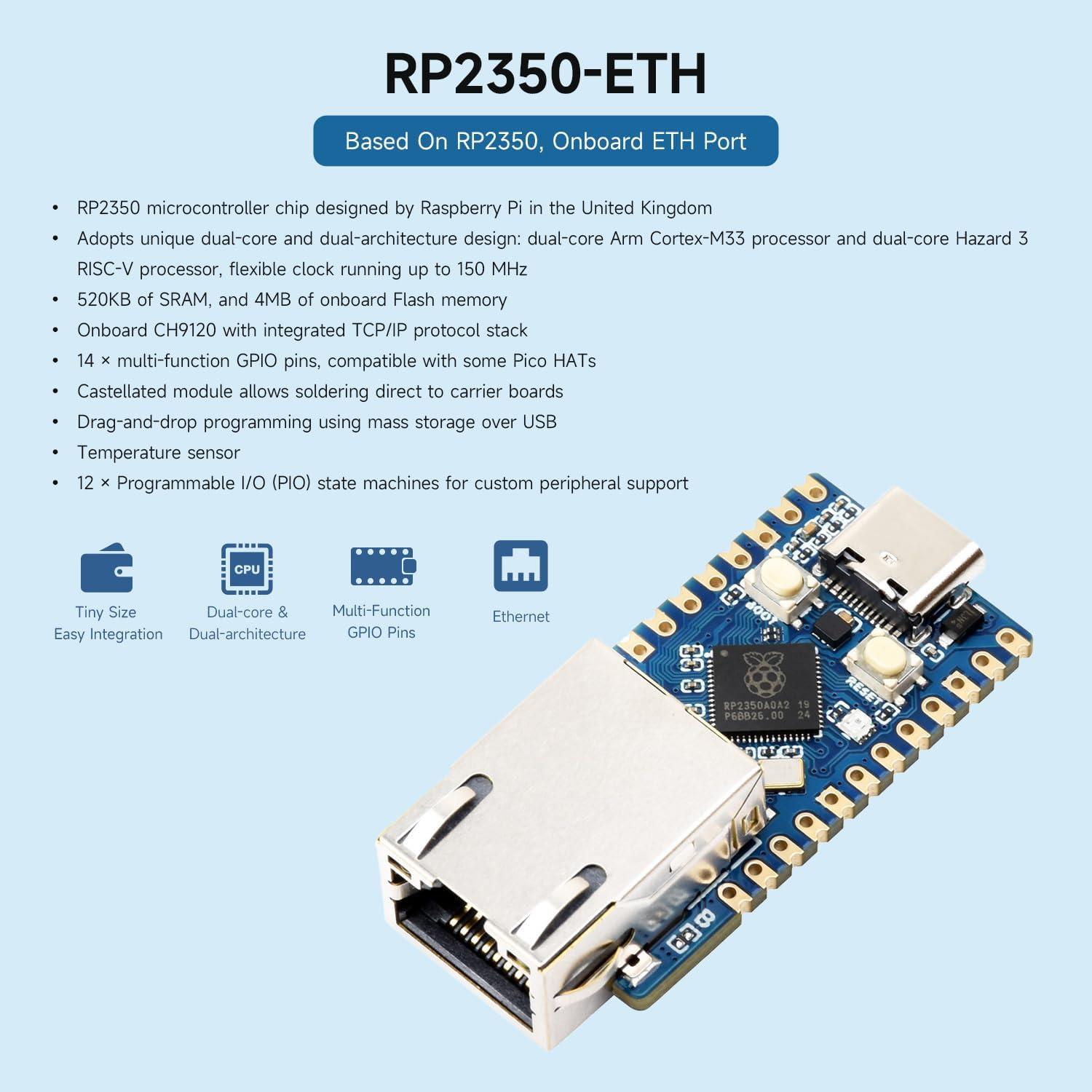 Placa de Desarrollo Waveshare RP2350-ETH con Ethernet y GPIO
