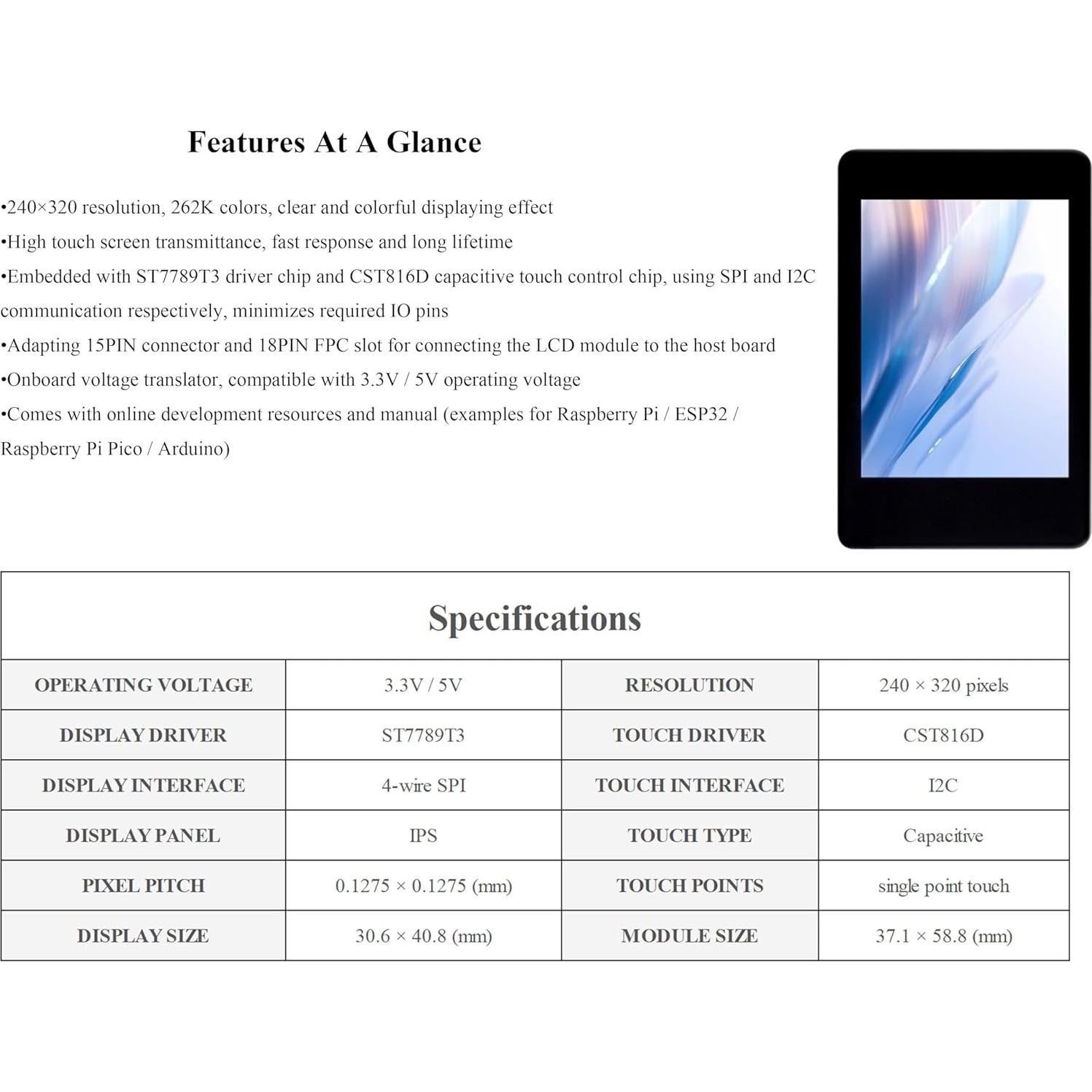 Pantalla Táctil IPS 2" Wonrabai 240x320 para Raspberry Pi