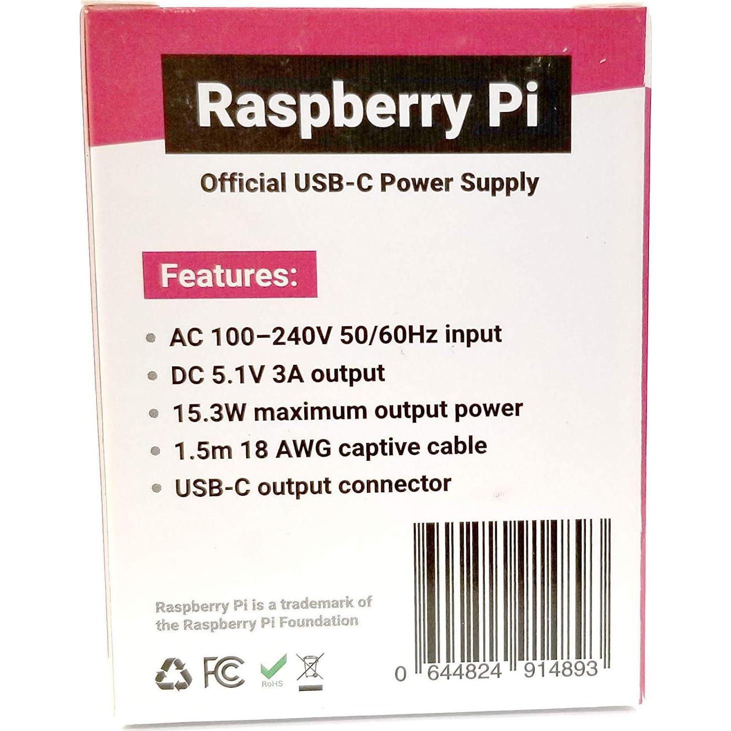 Fuente de Poder Oficial Raspberry Pi 15.3W USB-C 5.1V 3A Negro