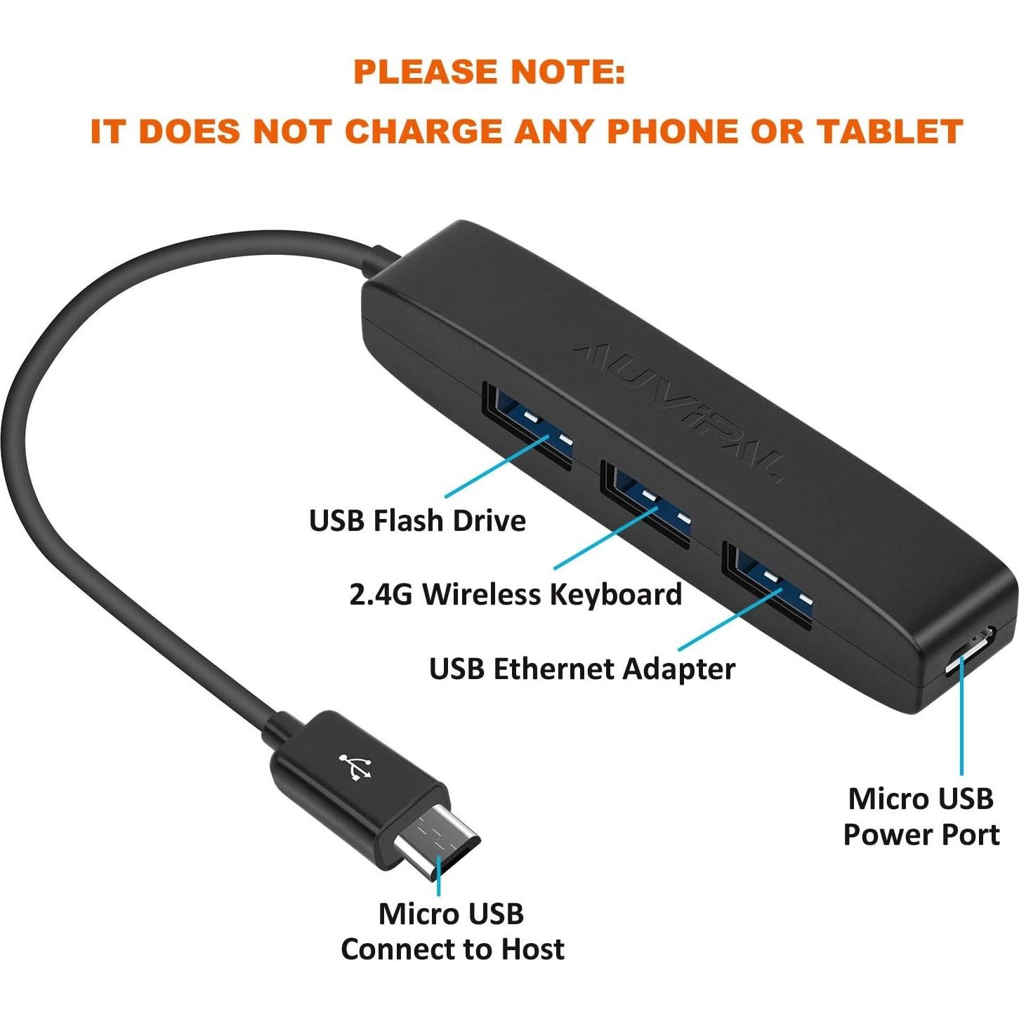 Adaptador Hub OTG Micro USB AuviPal 3 Puertos USB + Alimentación