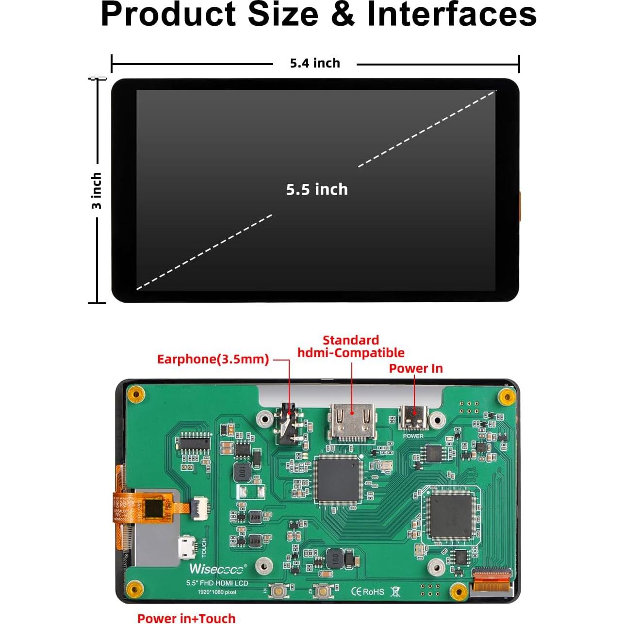 Monitor Táctil 5.5" Wisecoco LCD 1920x1080 para Raspberry Pi