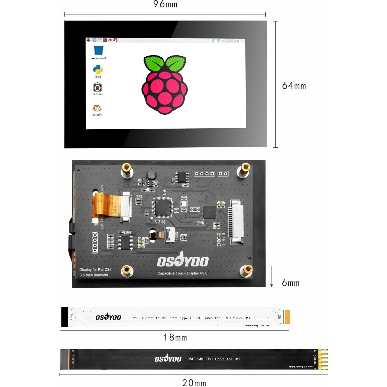 Pantalla Táctil DSI 3.5" OSOYOO para Raspberry Pi 5/4/3/2