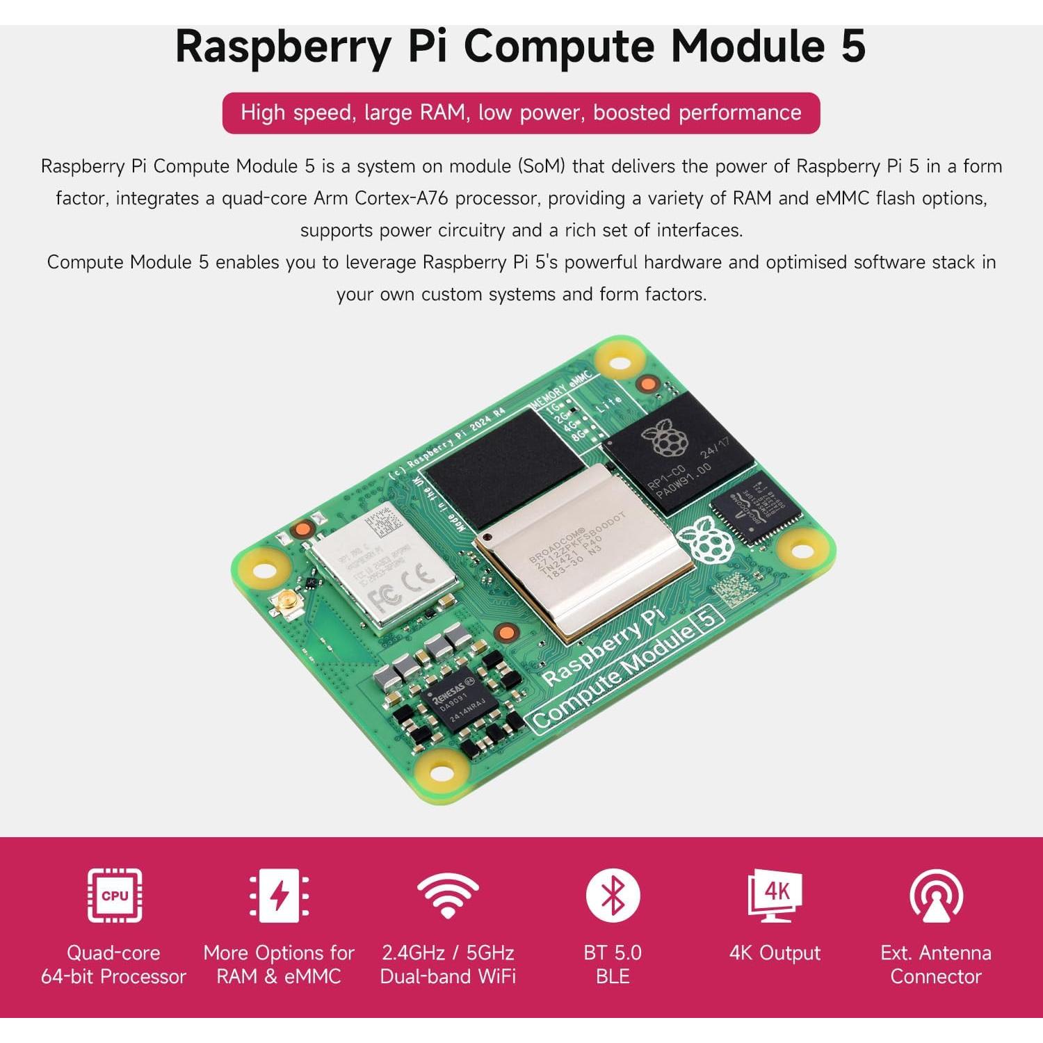 Módulo de Computación Waveshare CM5 Raspberry Pi 4GB RAM 32GB eMMC