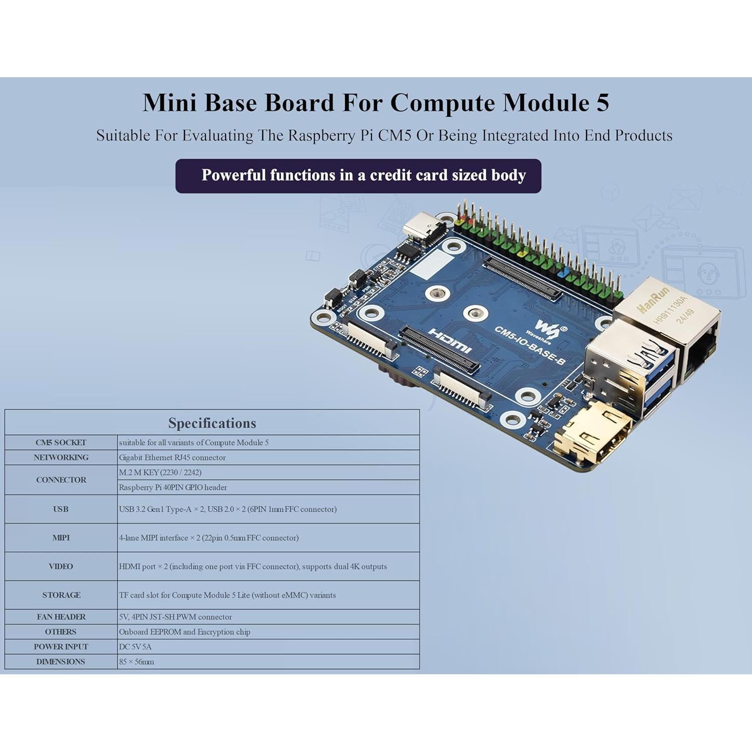 Mini Base Board B Wonrabai para Raspberry Pi Compute Module 5