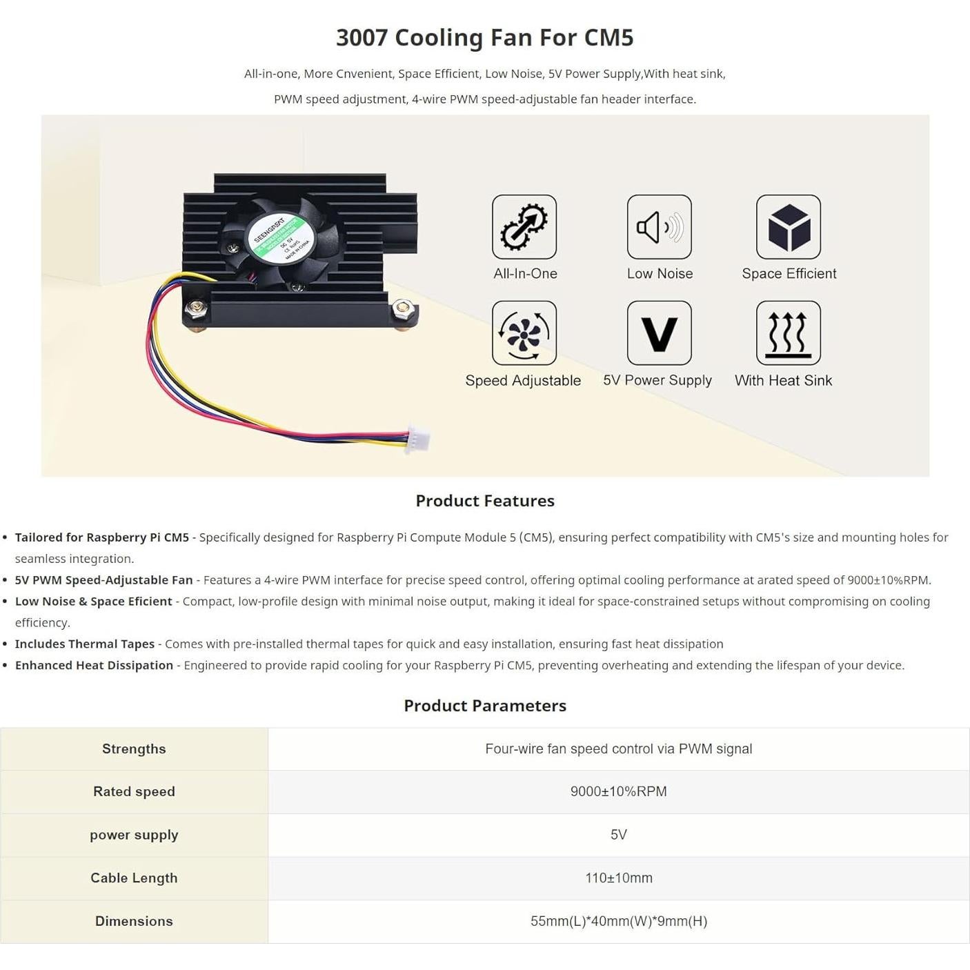 Ventilador de Enfriamiento 3007 Xicoolee para Raspberry Pi CM5 - PWM 5V, Bajo Ruido