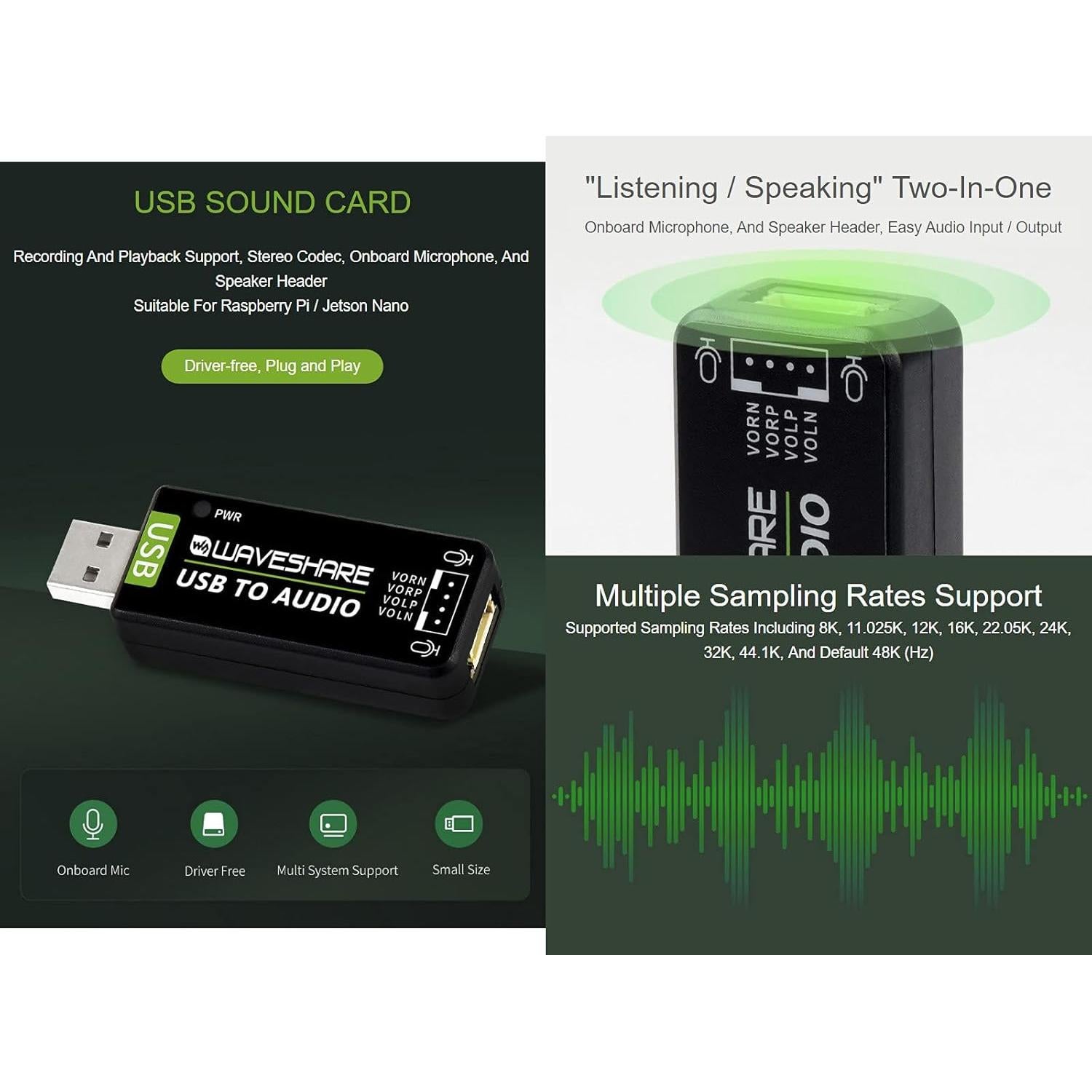 Tarjeta de Sonido USB Waveshare para Raspberry Pi y Jetson Nano