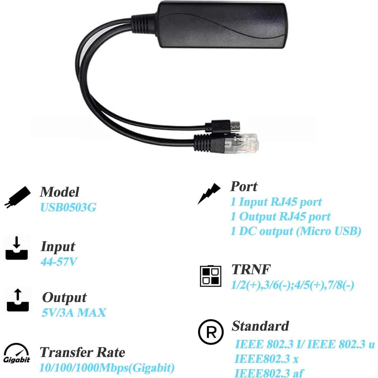 Divisor PoE Micro USB REVOTECH 5V 3A para Raspberry Pi 4