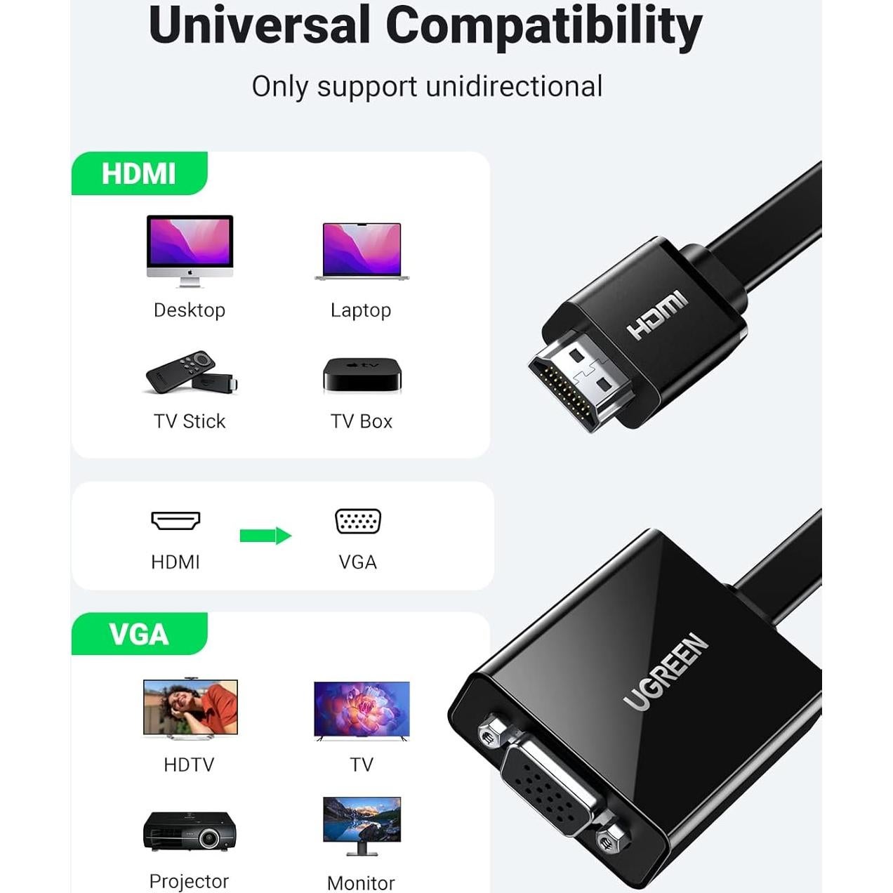 Adaptador HDMI a VGA UGREEN 1080P con audio 3.5mm Negro