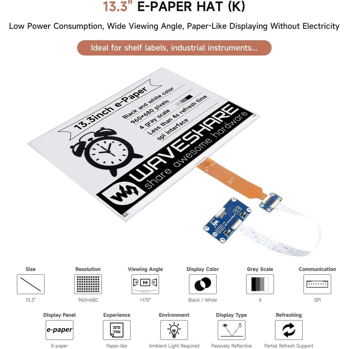 Pantalla E-Ink 13.3" Waveshare HAT (K) para Raspberry Pi