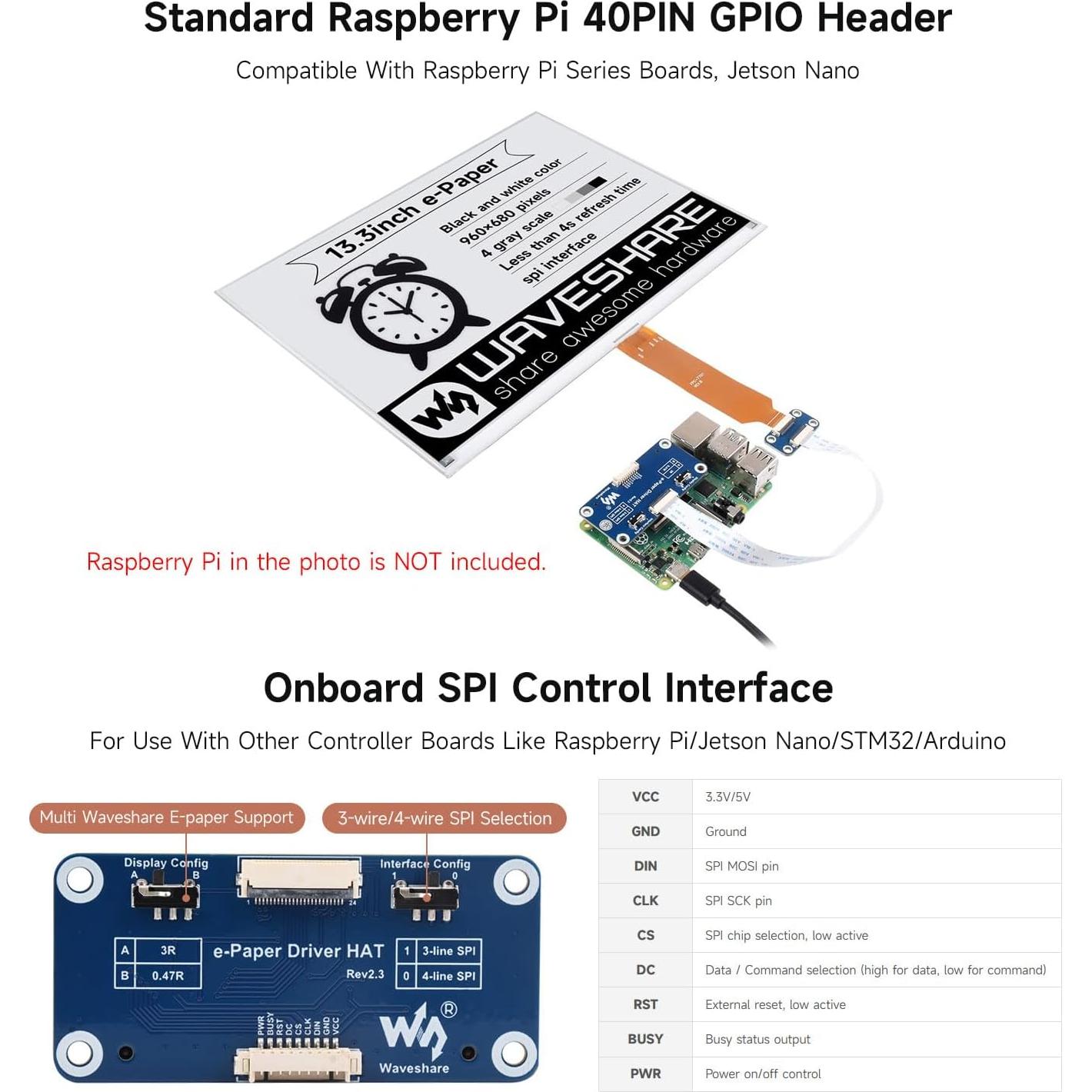 Pantalla E-Ink 13.3" Waveshare HAT (K) para Raspberry Pi