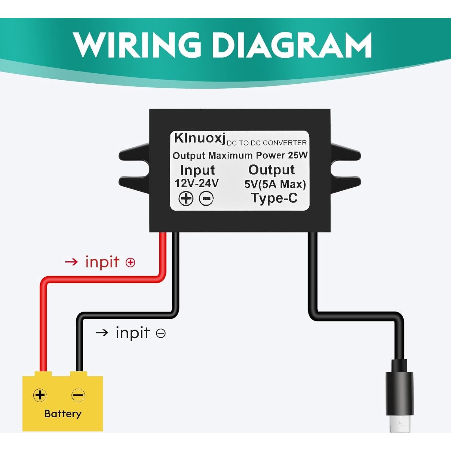 Convertidor DC 12V/24V a 5V USB-C Klnuoxj 5A 25W Módulo