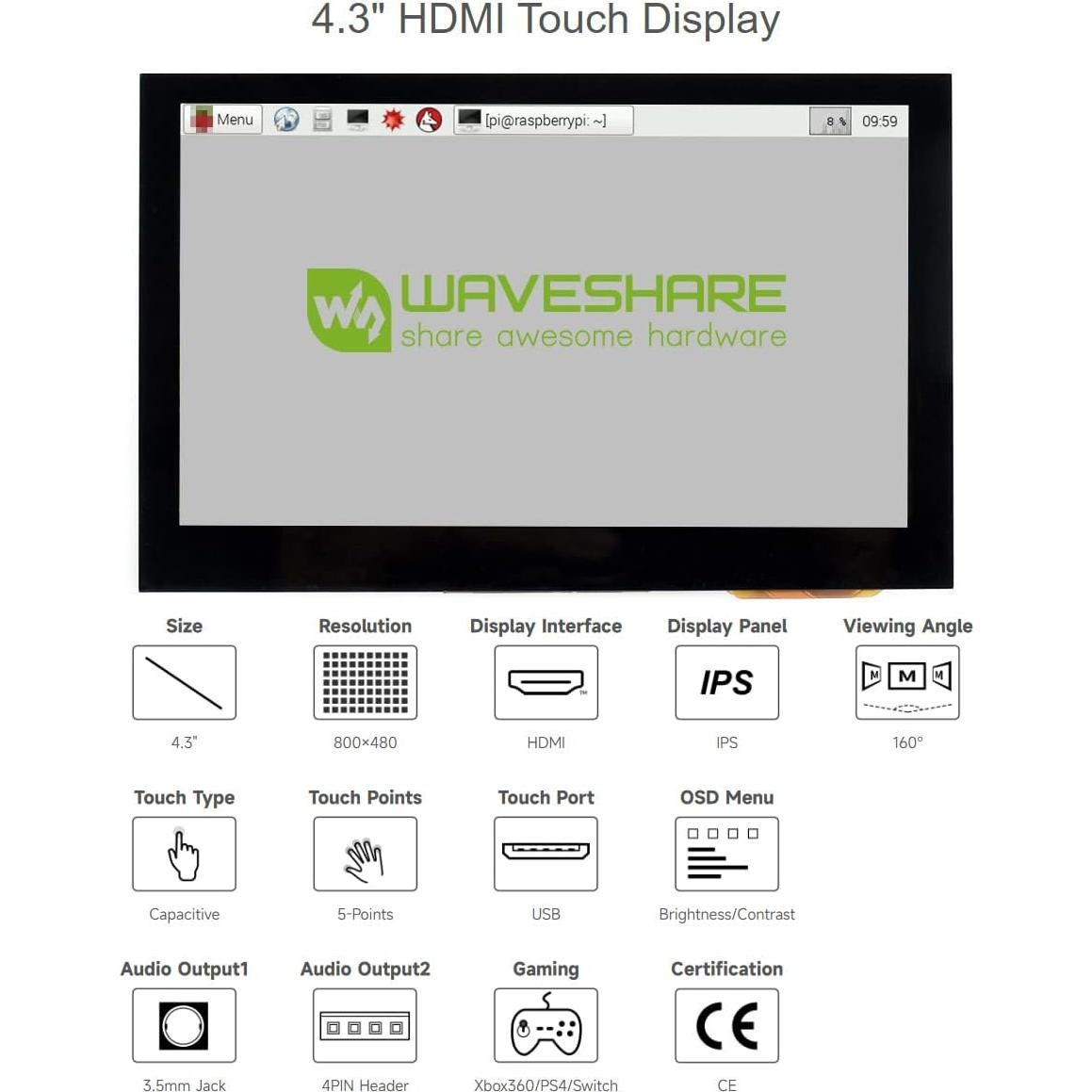 Pantalla LCD Táctil 4.3" Waveshare HDMI 800x480 IPS