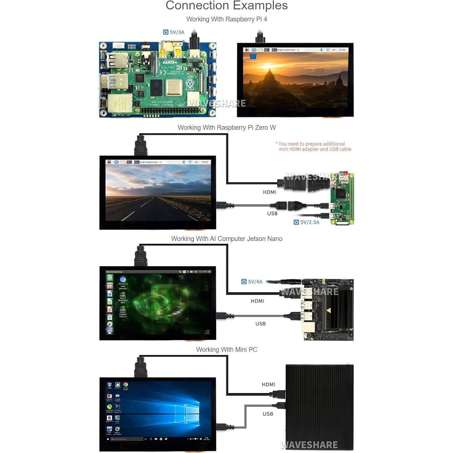 Pantalla LCD Táctil 4.3" Waveshare HDMI 800x480 IPS