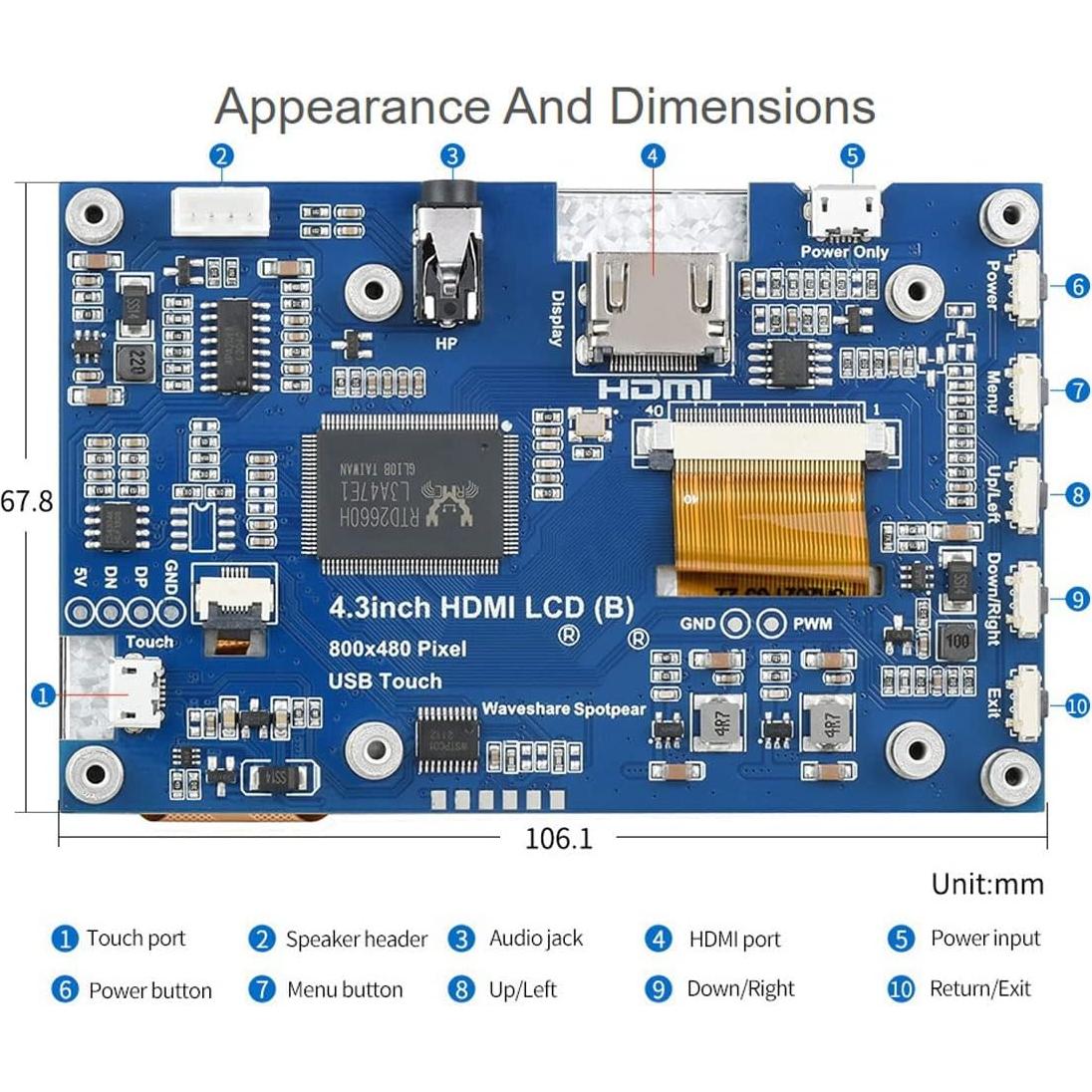 Pantalla LCD Táctil 4.3" Waveshare HDMI 800x480 IPS