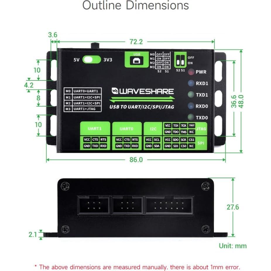 Convertidor USB a UART I2C SPI JTAG Waveshare 3.3V 5V