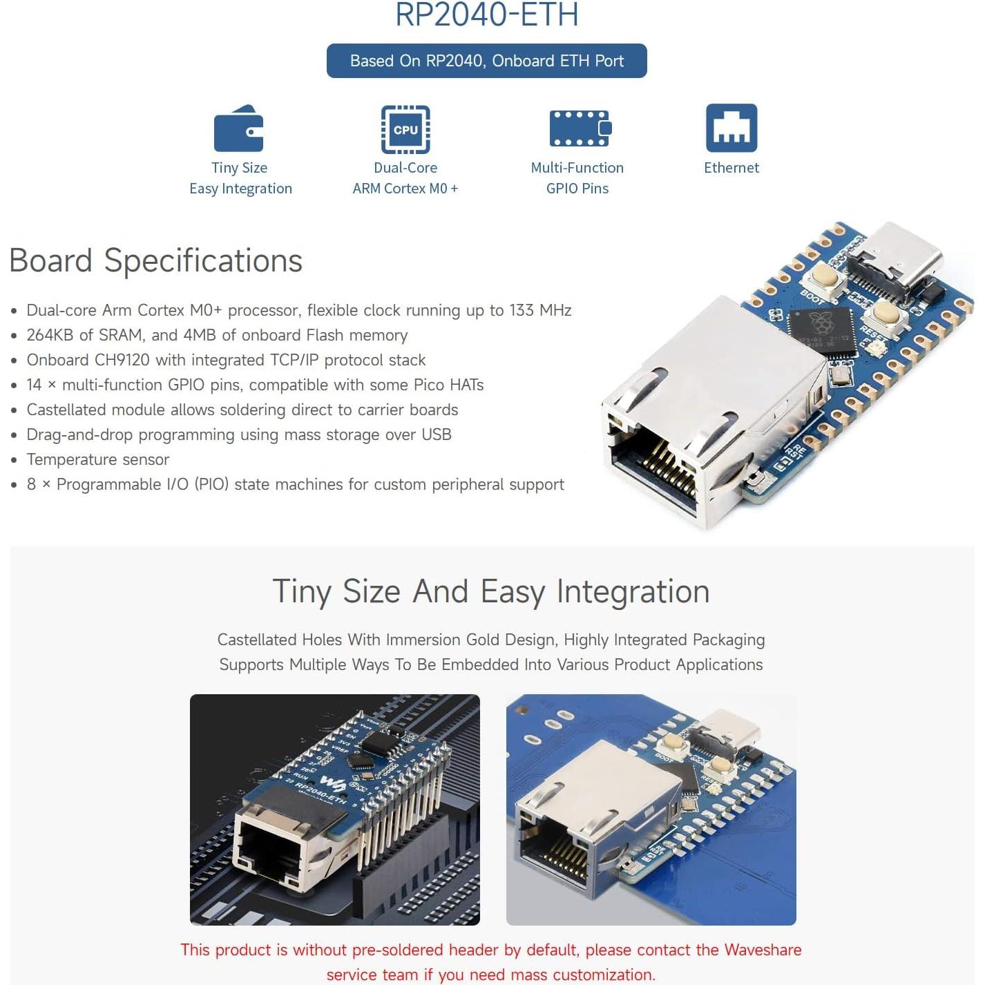 Placa de Desarrollo Waveshare RP2040-ETH con Ethernet