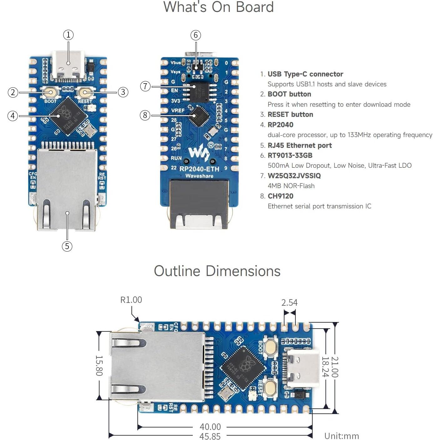 Placa de Desarrollo Waveshare RP2040-ETH con Ethernet