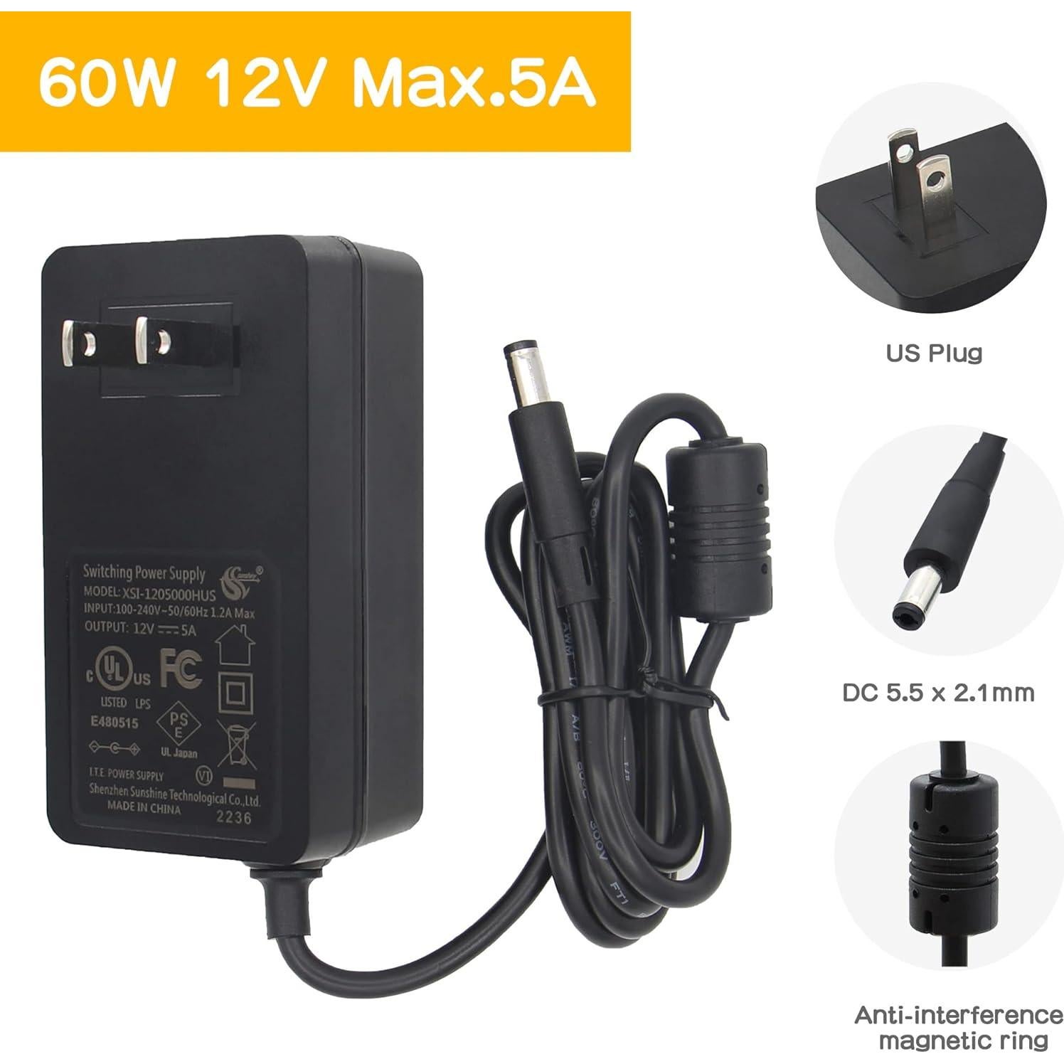 DC 12V 5A 60W Power Adapter | UL Listed | AC 100-240V | DC 5521 Jack | for Raspberry Pi X735 V3.0/X885/X729/X1202/X1203/X1205/X1009/X-UPS1/X1013/LED Strips/3D Printer/Security Cameras