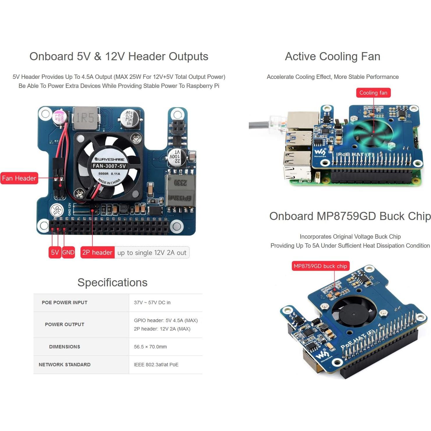 HAT PoE Waveshare para Raspberry Pi 5, 5V 4.5A, 12V 2A