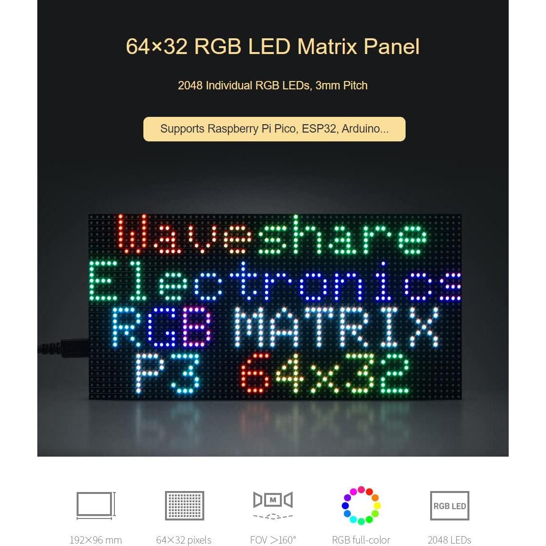 Panel LED RGB 64x32 Waveshare 2048 LEDs 3mm Compatible Raspberry Pi