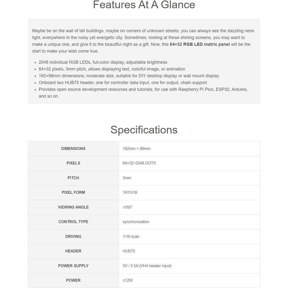 Panel LED RGB 64x32 Waveshare 2048 LEDs 3mm Compatible Raspberry Pi