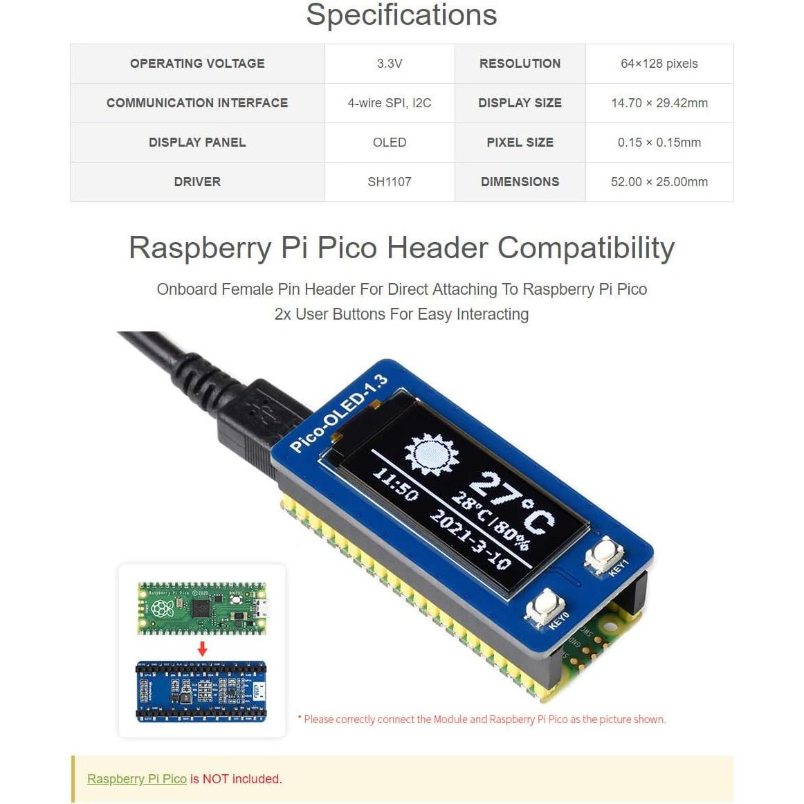 Módulo Pantalla OLED 1.3" Waveshare para Raspberry Pi Pico