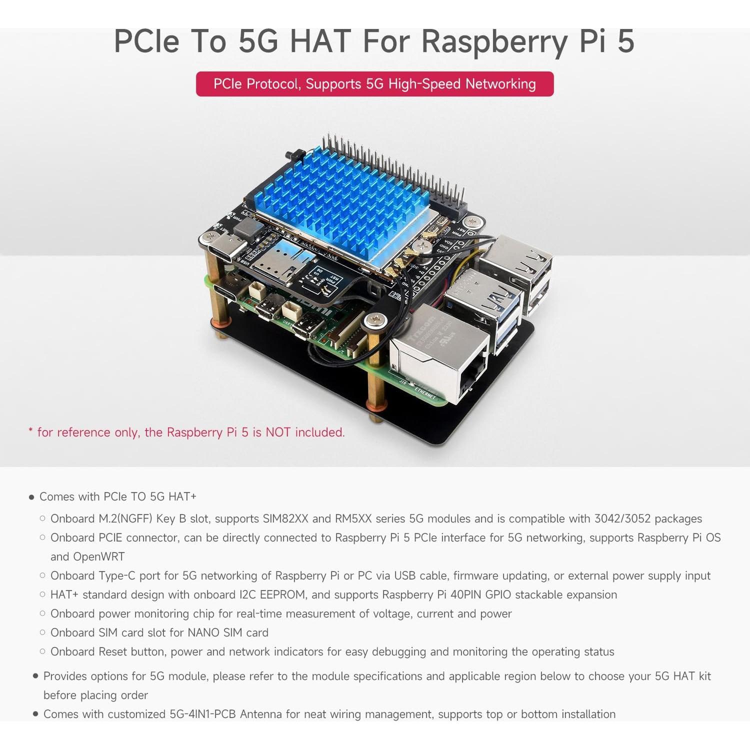 Módulo 5G Waveshare SIM8262A-M2 HAT para Raspberry Pi 5