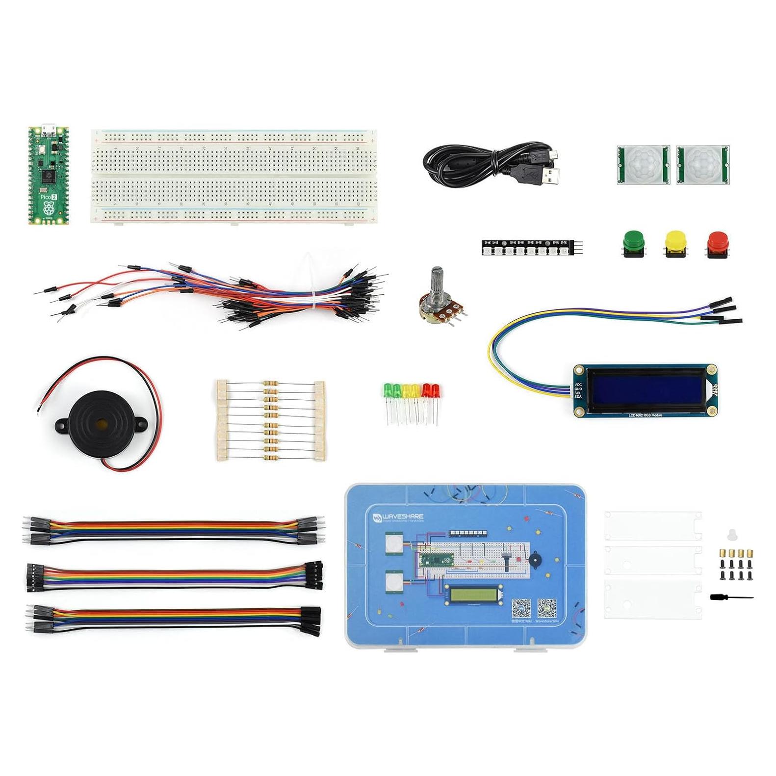 Kit Básico Waveshare Raspberry Pi Pico 2, 16 Artículos
