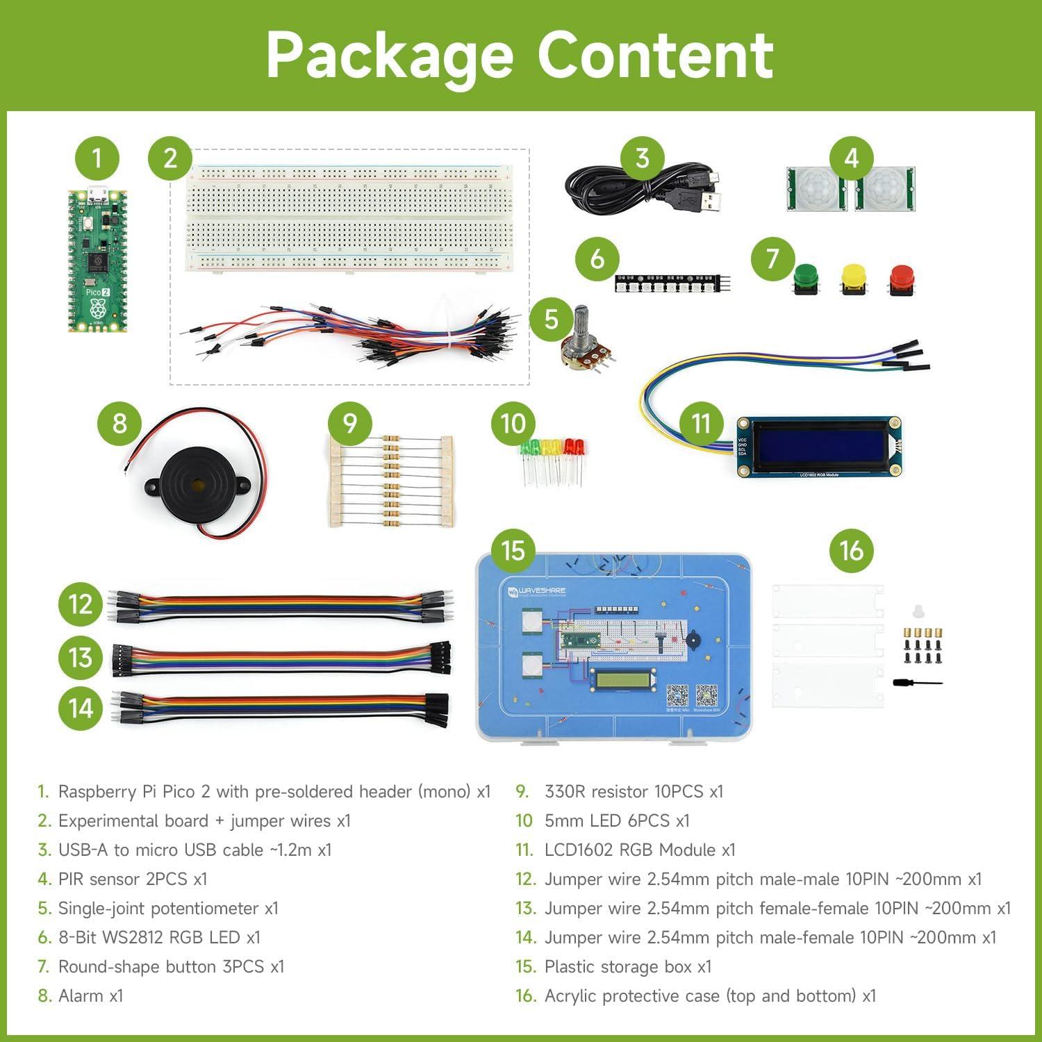 Kit Básico Waveshare Raspberry Pi Pico 2, 16 Artículos