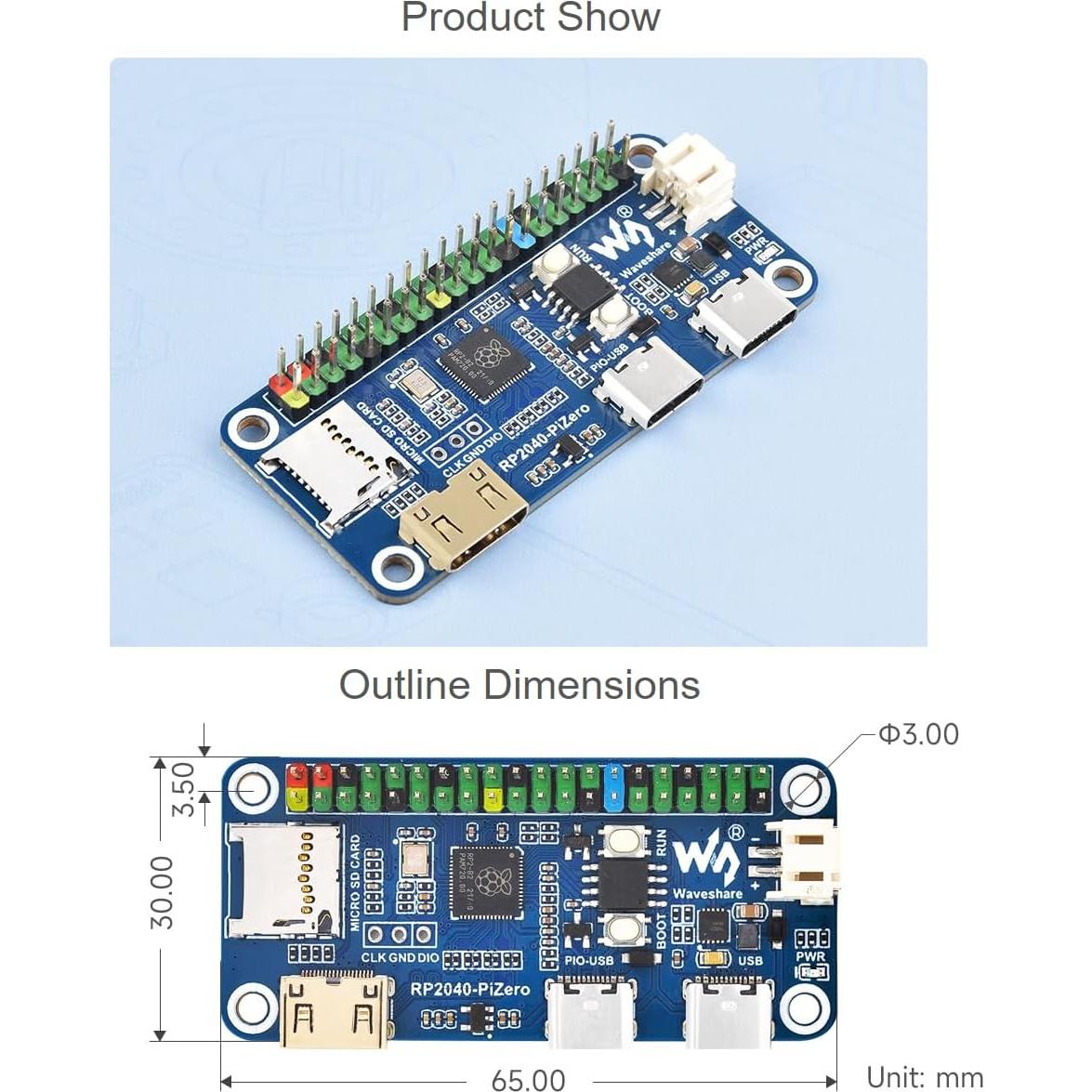 Placa de desarrollo Waveshare RP2040-PiZero 19.94g DVI USB