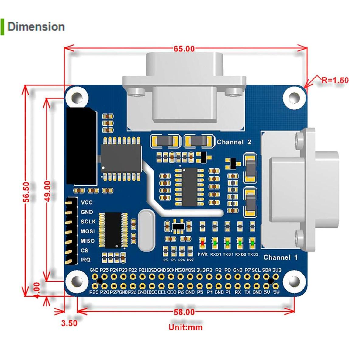 HAT RS232 Aislado 2 Canales Waveshare para Raspberry Pi