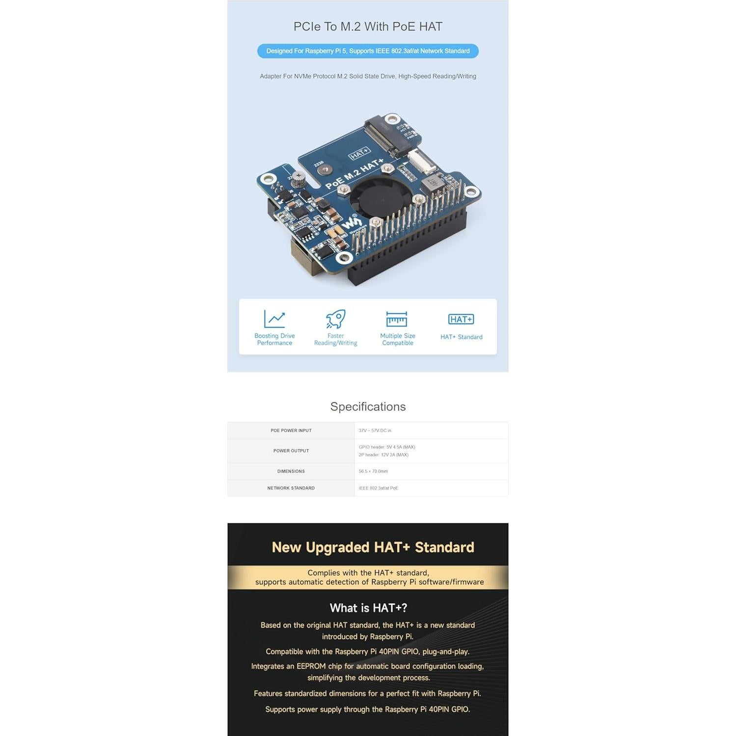 Adaptador PCIe a M.2 Coolwell para Raspberry Pi 5 con PoE